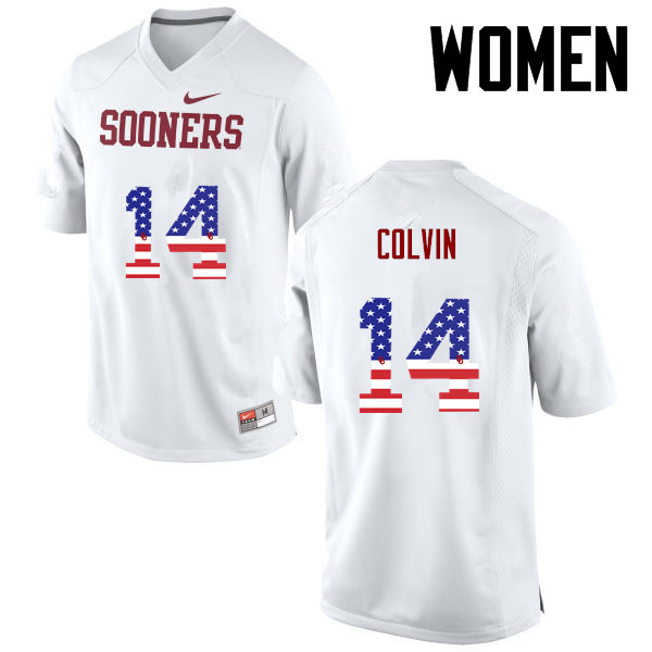 Women Oklahoma Sooners #14 Aaron Colvin College Football USA Flag Fashion Jerseys-White - Click Image to Close